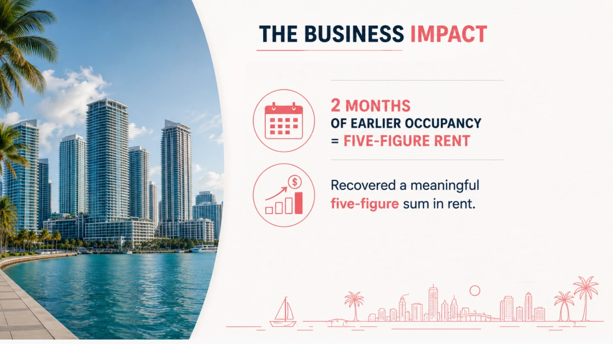 Business impact infographic featuring a Miami waterfront skyline, palm trees, and key metrics showing two months of earlier occupancy and five-figure rent recovery.